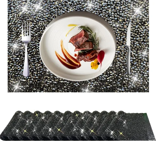 Vista 46 de Juego de 1 mantel individual redondo en negro, manteles individuales brillantes resistentes al calor, lavables, para cena, cocina, boda, decorativos