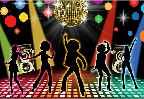 Vista 2 de Telón de fondo de fiesta de discotecas de 5 x 3 pies, discotecas neón para adultos de regreso a los años 60, 70, 80, 90, discotecas bailando noche