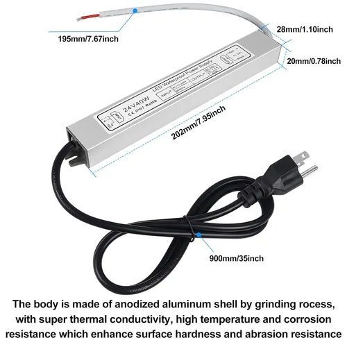 Vista 2 de inShareplus fuente de poder LED, 24V 40W IP67 impermeable para exteriores, transformador de bajo voltaje de CA 90-140V a CC 24V 1.7A, adaptador