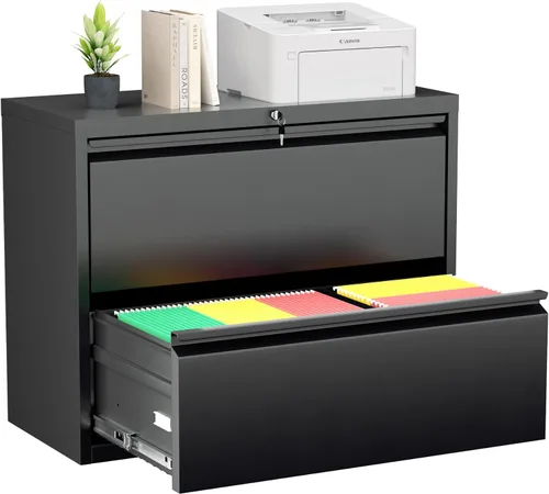 Vista 15 de Greenvelly Archivador Vertical de 18" D, Gabinete de 2 Cajones con Cerradura para Oficina en Casa, Metal Negro para Colgar Carpetas