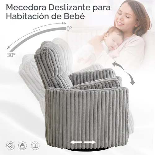 Vista 4 de Mecedora eléctrica giratoria con asiento basculante y reclinable Comfort Stretch para cuarto de bebé con 2 almohadas, silla reclinable eléctrica