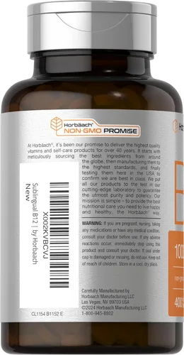 Vista 3 de Horbäach Vitamina B12 1000 mcg Sublingual 400 Comprimidos de Disolución Rápida Suplemento de Metilcobalamina para Mujeres y Hombres Sabor a