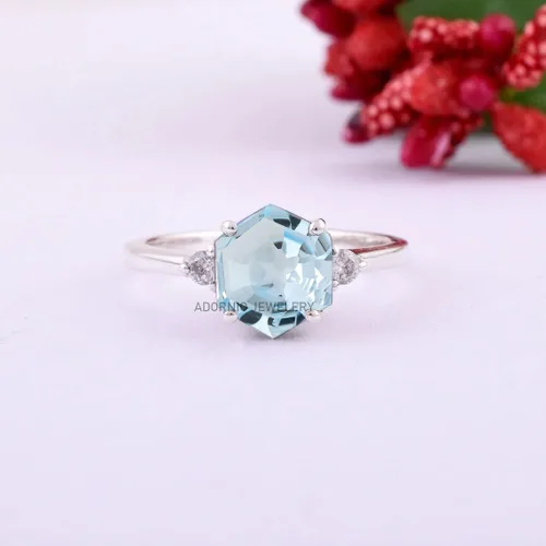 Vista 9 de Anillo de plata de ley 925 para mujer, anillo de diamantes de imitación de aguamarina de plata esterlina, anillo Art Deco de marzo, piedra natal