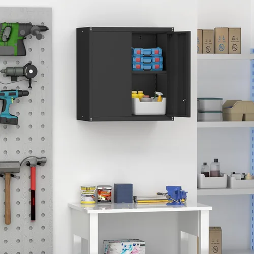Vista 7 de Armario de almacenamiento de garaje de 28 pulgadas de alto, gabinetes de pared de garaje de metal con puertas y estantes, gabinete pequeño