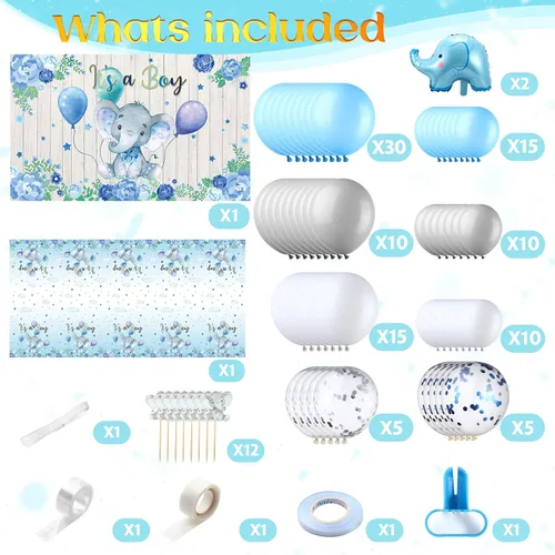 Vista 2 de Decoraciones para baby shower, 121 piezas de suministros de fiesta de elefantes, incluyen telón de fondo, pancarta, globos, mantel y decoración