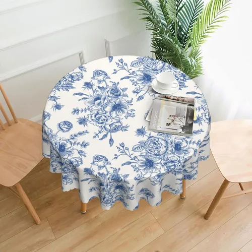 Vista 2 de Mantel redondo floral azul y blanco de 60 pulgadas, elegante mantel rústico vintage de flores, resistente a las manchas, impermeable, de poliéster