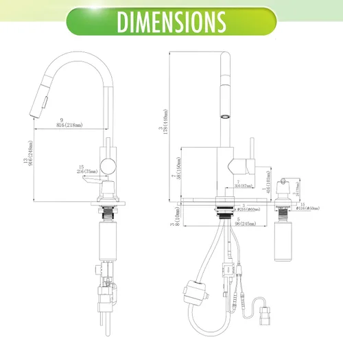 Vista 3 de Homewerks 55-K821S-MB-T - Pulverizador desplegable para grifo de cocina sin contacto manos libres, simple, instalación de 2, 3 o 4 agujeros, negro