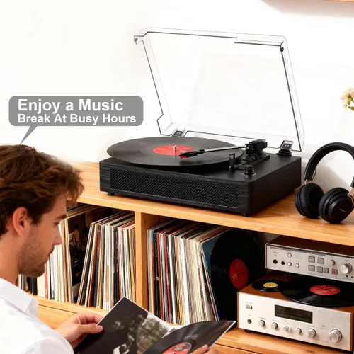 Vista 6 de Tocadiscos de vinilo con Bluetooth y altavoces estéreo integrados, tocadiscos vintage de 3 velocidades con parada automática, salida RCA y entrada