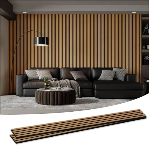 Vista 11 de Paquete de 4 paneles acústicos de pared de 105.9 x 12.6 x 0.8 pulgadas, absorbentes de sonido, paneles de pared de listones de madera para Teca