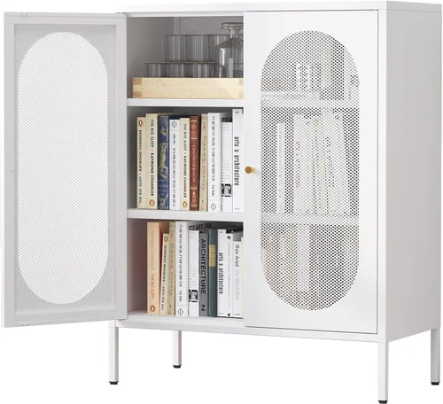 Vista 15 de Gabinete de almacenamiento de metal, soporte de TV de 2 puertas, armario decorativo con puertas y estante ajustable, armario de metal, mesita