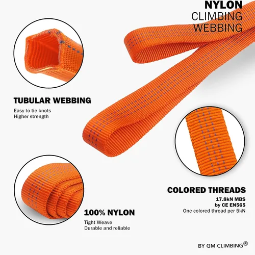 Vista 4 de GM CLIMBING - Cinta de correa tubular de nailon de 1 pulgada, certificada CE, UIAA, 4000 lb de alta resistencia para cuerda de rescate de escalada