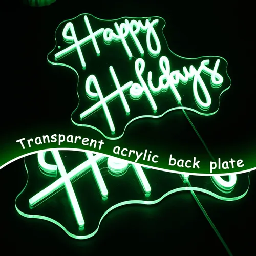 Vista 5 de Letrero de neón con texto en inglés "Happy Holidays", regulable, luz de neón LED verde, alimentada por USB, para dormitorio universitario