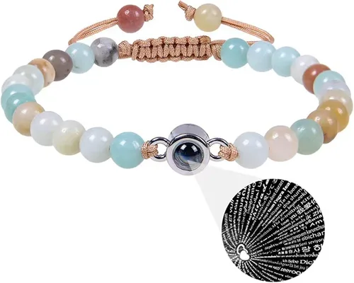 Vista 5 de Elegante pulsera para parejas con 100 idiomas I Loves You Projection in Crystals Mattes Stone Portable para aniversarios