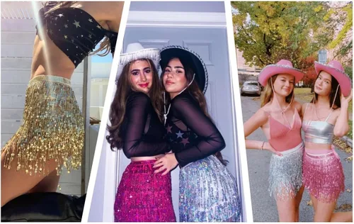 Vista 6 de Falda de danza del vientre con lentejuelas brillantes, bufanda bohemia con borlas para mujer, disfraz de rave