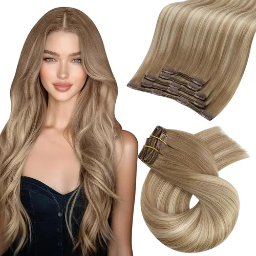 Vista 39 de Moresoo Extensiones de cabello humano con clip, balayage, color marrón oscuro a marrón dorado con clip, extensiones de cabello humano con clip, 5
