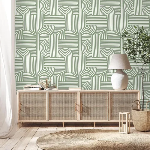 Vista 2 de VEELIKE Papel tapiz geométrico verde salvia para despegar y pegar, papel tapiz geométrico abstracto bohemio para dormitorio, baño, pared decorativa