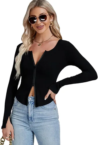 Vista 6 de LYANER Camiseta de manga larga con cuello en V profundo y cremallera frontal con abertura frontal para mujer