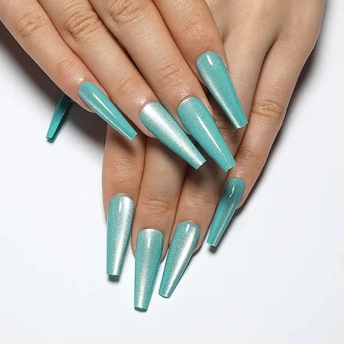 Vista 11 de Uñas postizas a presión largas, con brillo azul y diseño, acabado acrílico brillante, de cobertura completa, uñas postizas reutilizables para l002