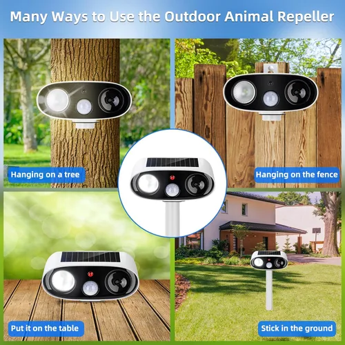 Vista 8 de Repelente solar ultrasónico de animales para exteriores, dispositivos repelentes de ciervos y gatos, paquete de 2 unidades, repelente ultrasónico