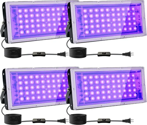 Vista 10 de Luces negras de 50 W, luz de inundación de luz negra con enchufe e interruptor, para fiesta brillante, Halloween, póster fluorescente, iluminación