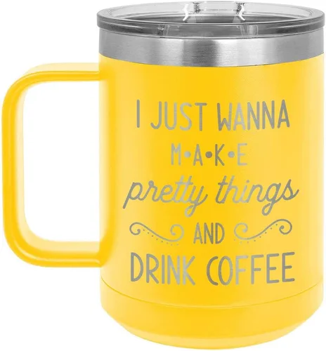 Vista 5 de Taza de café negra con tapa deslizante para hacer cosas bonitas y bebidas, 15 onzas, taza de café con aislamiento de viaje, ideas de regalo