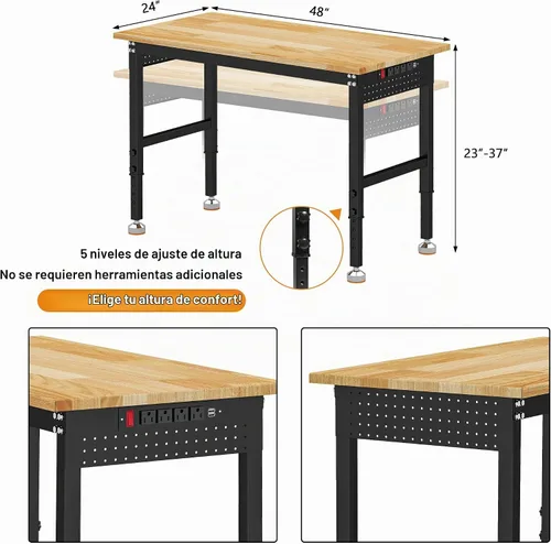 Vista 2 de Betterhood Banco de trabajo de altura ajustable, estación de trabajo resistente con parte superior de madera de goma de 48 pulgadas con tomas