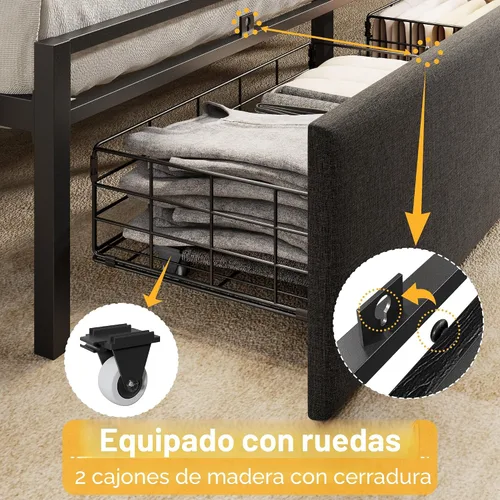 Vista 5 de Furnulem Marco de Cama Tamaño Full con Cabecera Tapizada, Marco de Cama Full con Cajones de Almacenamiento, Estación de Carga y Luces LED
