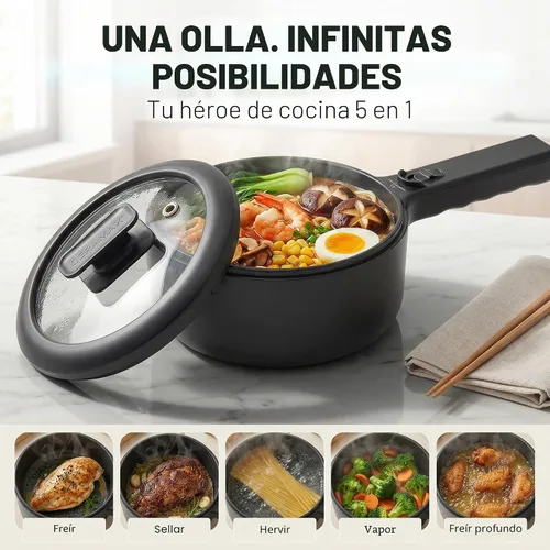 Vista 3 de Ceramax PRO Olla Eléctrica Caliente con Tapa y Vaporera, Sartén de Cocina de Cerámica No Tóxica de 1.5L para Ramen, Huevos, Pasta, Portátil