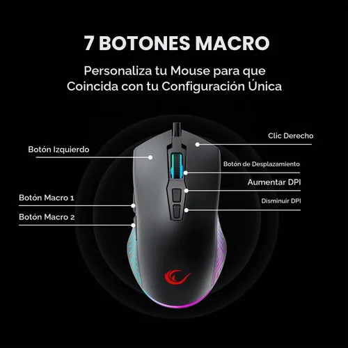 Vista 4 de Rampage Spear V2 - Mouse para juegos con cable negro con iluminación RGB, 12800 DPI, 7 botones programables, mouse ergonómico ligero