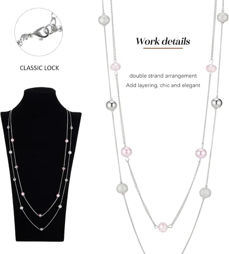 Vista 3 de Collar largo en capas de plata para mujer, suéter de cristal de perla, collar de cadena de hebra, regalos de moda