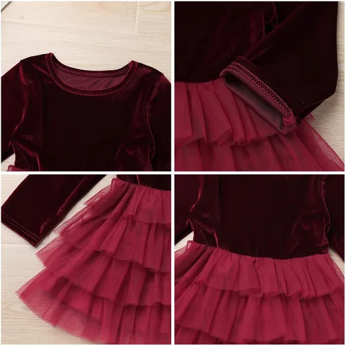Vista 6 de Vestido de tutú de tul escalonado de terciopelo de manga larga para otoño e invierno para niñas y niñas
