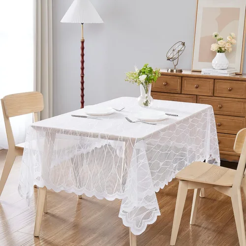 Vista 6 de DECOPOTS Mantel redondo de lino de encaje de 70 pulgadas de diámetro, mantel redondo con diseño moderno de rayas, funda para mesa de comedor