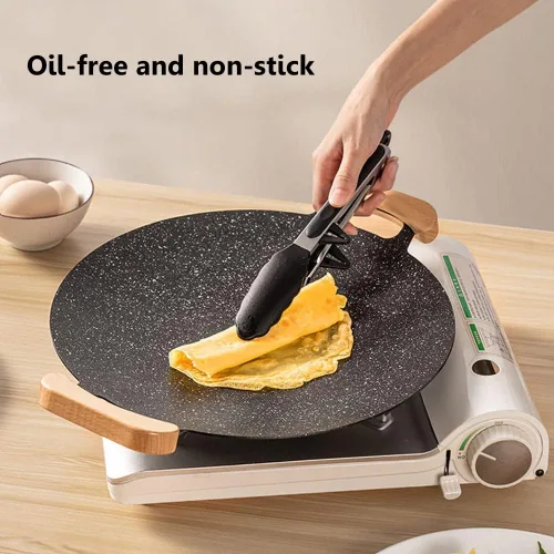 Vista 5 de Sartén coreana con revestimiento antiadherente, sartén redonda de hierro fundido de 10 pulgadas con 2 soportes de madera, compatible con inducción
