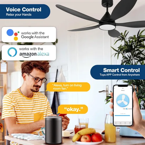 Vista 3 de Ventiladores de techo inteligentes de 52 pulgadas con luz, ventilador de techo reversible de 5 aspas con Alexa, controles de aplicación y control