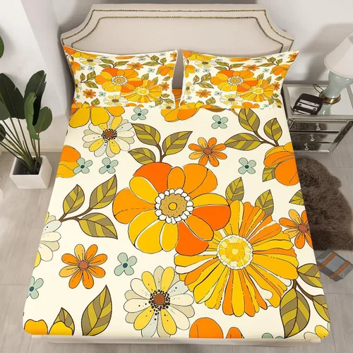 Vista 9 de Juego de sábanas ajustadas estilo 70s hippie retro para cama individual, juego vintage de otoño con hojas florales para niños y niños, juego de ropa