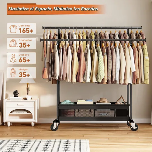 Vista 4 de Perchero de ropa con doble varilla, perchero para colgar ropa, perchero con cesta de almacenamiento y ruedas resistentes, perchero para dormitorio