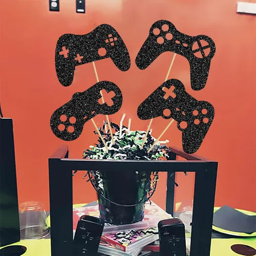 Vista 9 de Suministros para fiestas de videojuegos, centro de mesa, 14 unidades, decoración de mesa de fiesta negra con purpurina para juegos de niños