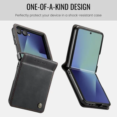 Vista 7 de Funda tipo cartera para Samsung Galaxy Z Flip 7 de piel con tarjetero y función atril, cierre magnético, bloqueo RFID, TPU a prueba de golpes Negro