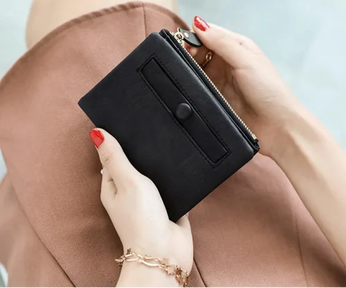 Vista 2 de PofeeXIO Carteras pequeñas Rfid para mujer, billetera plegable con bolsillo para monedas, mini monedero suave y compacto, Negro oscuro, Minimalista