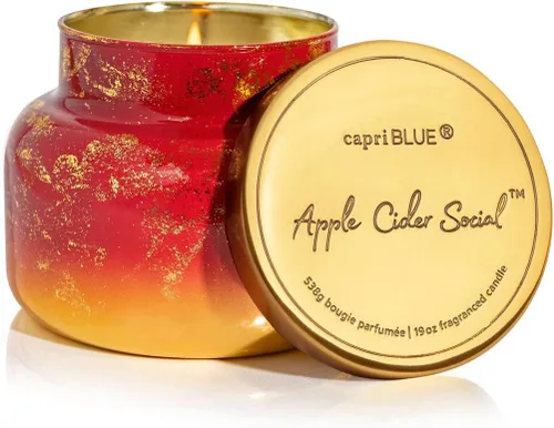 Vista 27 de Capri Blue Glimmer Mini Tin - Vela perfumada a manzana con mini portavelas, mezcla de cera de soja, Capri Blue Apple Cider Social Red and Gold
