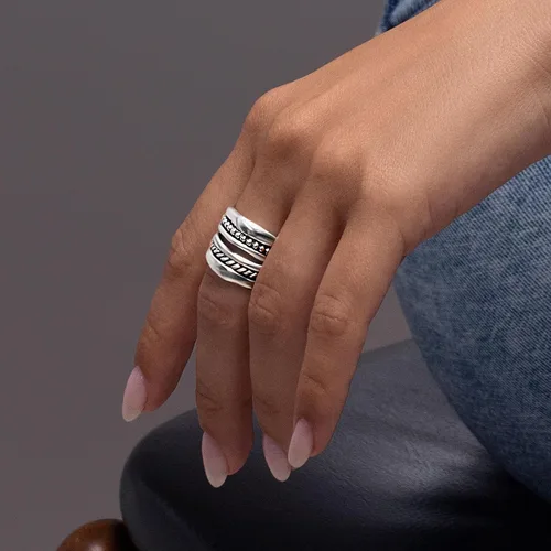 Vista 2 de JEAN RACHEL JEWELRY Anillo de plata de ley 925 Cuerda ancha de múltiples hebras y cuentas de diseño vintage, hipoalergénico, sin plomo ni níquel