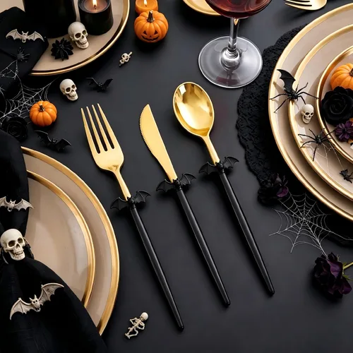 Vista 2 de Supernal 102 cubiertos de plástico dorados, cubiertos dorados con mango negro, colección de cubiertos desechables, incluye 34 tenedores de plástico