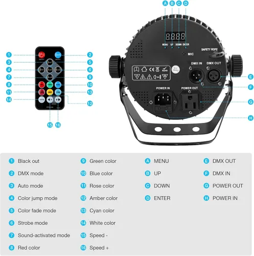 Vista 5 de Par de luz LED para escenario: 70 W RGBWA 5 en 1 LED par puede activar por sonido múltiples modos por control remoto y control DMX para eventos