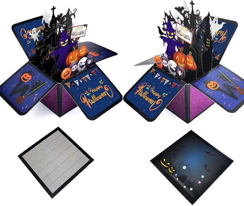 Vista 5 de Tarjeta de Halloween desplegable, tarjeta de felicitación de Halloween de calabaza 3D para niños, amigos, novio, novia, marido, él, mujeres, truco