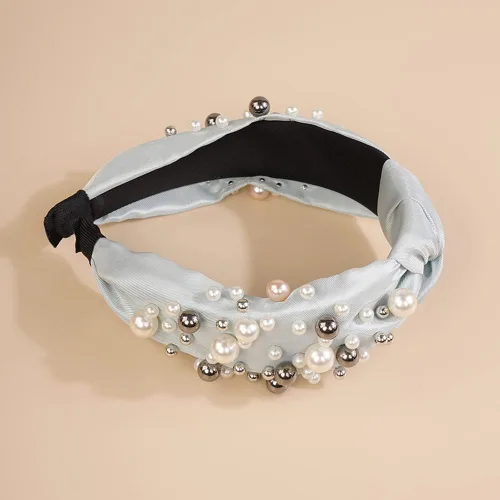 Vista 2 de Wiwpar Diademas anudadas de perlas para mujer, diadema ancha de perlas anchas para la cabeza, accesorios para el cabello bohemios (azul)