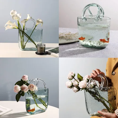 Vista 6 de DUEBEL Jarrones de vidrio para peces, florero hecho a mano con burbujas para decoración de bodas en el hogar, florero transparente con forma de bolso