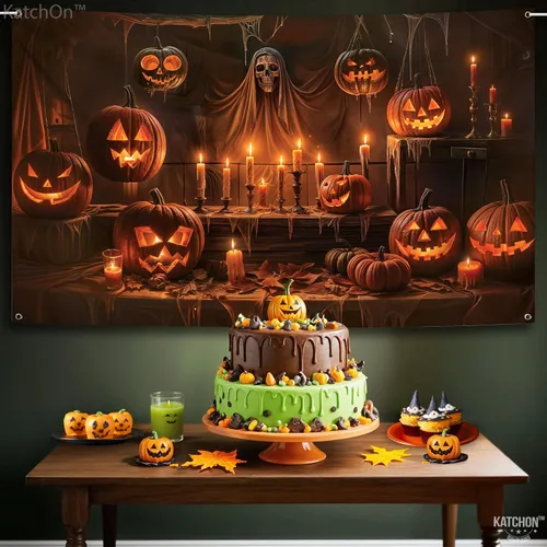 Vista 5 de KatchOn Telón de fondo espeluznante de Halloween de 72 x 44 pulgadas Calabaza café
