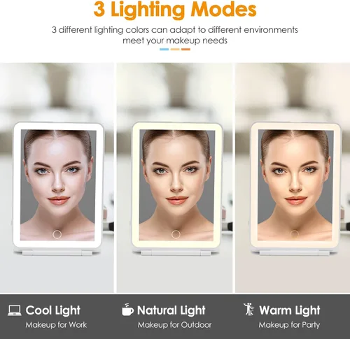 Vista 2 de DenCert Espejo de Maquillaje de Viaje Recargable con 72 LED Iluminado Compacto Delgado Tocador con Luces 3 Modos de Iluminación Regulable Pantalla