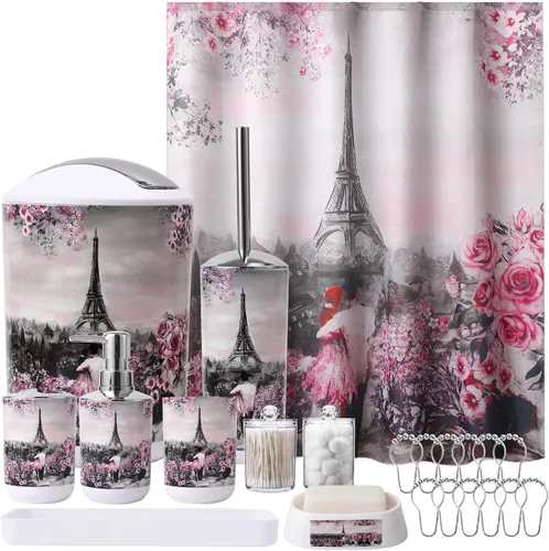Vista 35 de Juego de accesorios de baño con cortina de ducha y tapete de baño rosado de París