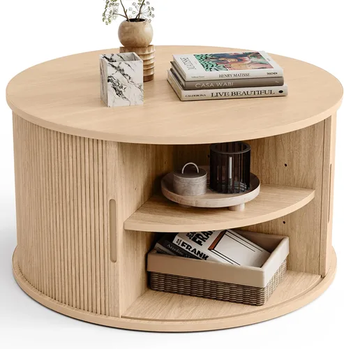 Vista 11 de LINSY HOME - Mesa de centro redonda, mesa de centro de 31.5" con puerta de tambor deslizante, mesa auxiliar acampanada con almacenamiento, mesa